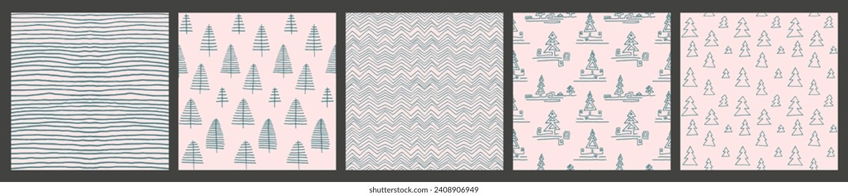 Set of New Year, Christmas patterns with fir trees. Scandinavian Norwegian simple winter print. Minimalistic graphic illustration. Striped herringbone pattern with snowflakes, snowballs.