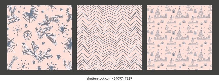 Set von Neujahr, Weihnachtsmuster mit Tannenbäumen. Skandinavisches Norwegisches, einfaches Winterbild. Minimalistische grafische Darstellung. Striptes Herringbone-Muster mit Schneeflocken, Schneebällen.