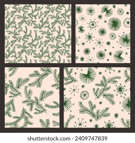 Set of New Year, Christmas patterns with fir trees. Scandinavian Norwegian simple winter print. Minimalistic graphic illustration. Striped herringbone pattern with snowflakes, snowballs.