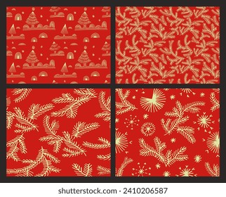 Año Nuevo, patrones de Navidad con abetos. Huella de invierno simple noruega escandinava. Ilustración gráfica minimalista. Patrón de herringbone a rayas con copos de nieve, bolas de nieve.