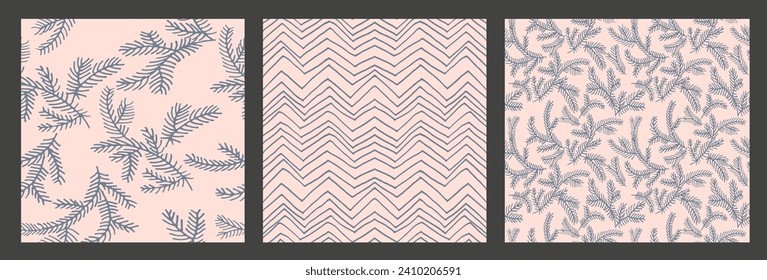 Set of New Year, Christmas patterns with fir trees. Scandinavian Norwegian simple winter print. Minimalistic graphic illustration. Striped herringbone pattern with snowflakes, snowballs.