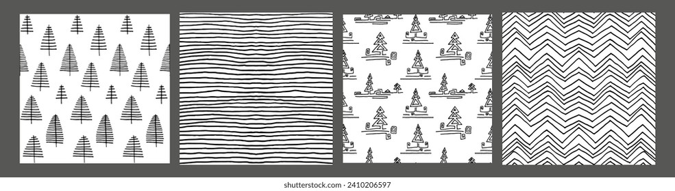 Set of New Year, Christmas patterns with fir trees. Scandinavian Norwegian simple winter print. Minimalistic graphic illustration. Striped herringbone pattern with snowflakes, snowballs.
