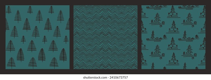 Set von Neujahr, Weihnachtsmuster mit Tannenbäumen. Skandinavisches Norwegisches, einfaches Winterbild. Minimalistische grafische Darstellung. Striptes Herringbone-Muster mit Schneeflocken, Schneebällen.