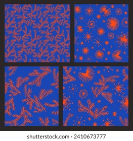 Set of New Year, Christmas patterns with fir trees. Scandinavian Norwegian simple winter print. Minimalistic graphic illustration. Striped herringbone pattern with snowflakes, snowballs.