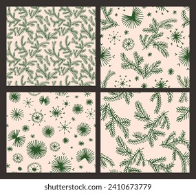 Set of New Year, Christmas patterns with fir trees. Scandinavian Norwegian simple winter print. Minimalistic graphic illustration. Striped herringbone pattern with snowflakes, snowballs.