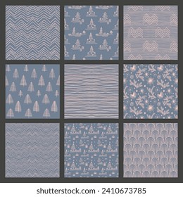 Set of New Year, Christmas patterns with fir trees. Scandinavian Norwegian simple winter print. Minimalistic graphic illustration. Striped herringbone pattern with snowflakes, snowballs.