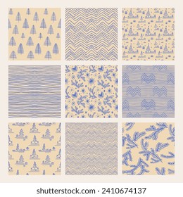 Año Nuevo, patrones de Navidad con abetos. Huella de invierno simple noruega escandinava. Ilustración gráfica minimalista. Patrón de herringbone a rayas con copos de nieve, bolas de nieve.