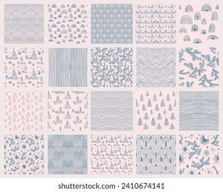 Set of New Year, Christmas patterns with fir trees. Scandinavian Norwegian simple winter print. Minimalistic graphic illustration. Striped herringbone pattern with snowflakes, snowballs.