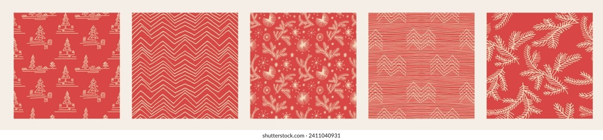 Set of New Year, Christmas patterns with fir trees. Scandinavian Norwegian simple winter print. Minimalistic graphic illustration. Striped herringbone pattern with snowflakes, snowballs.
