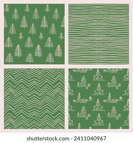 Set of New Year, Christmas patterns with fir trees. Scandinavian Norwegian simple winter print. Minimalistic graphic illustration. Striped herringbone pattern with snowflakes, snowballs.