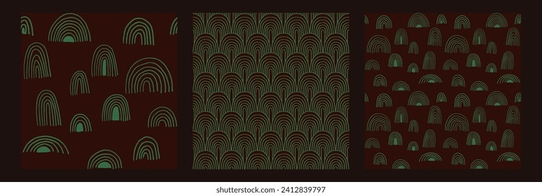Set of New Year, Christmas patterns with fir trees. Scandinavian Norwegian simple winter print. Minimalistic graphic illustration. Striped herringbone pattern with snowflakes, snowballs.