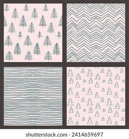 Set of New Year, Christmas patterns with fir trees. Scandinavian Norwegian simple winter print. Minimalistic graphic illustration. Striped herringbone pattern with snowflakes, snowballs.