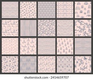 Set of New Year, Christmas patterns with fir trees. Scandinavian Norwegian simple winter print. Minimalistic graphic illustration. Striped herringbone pattern with snowflakes, snowballs.