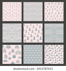 Set of New Year, Christmas patterns with fir trees. Scandinavian Norwegian simple winter print. Minimalistic graphic illustration. Striped herringbone pattern with snowflakes, snowballs.