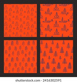 Set von Neujahr, Weihnachtsmuster mit Tannenbäumen. Skandinavisches Norwegisches, einfaches Winterbild. Minimalistische grafische Darstellung. Striptes Herringbone-Muster mit Schneeflocken, Schneebällen.