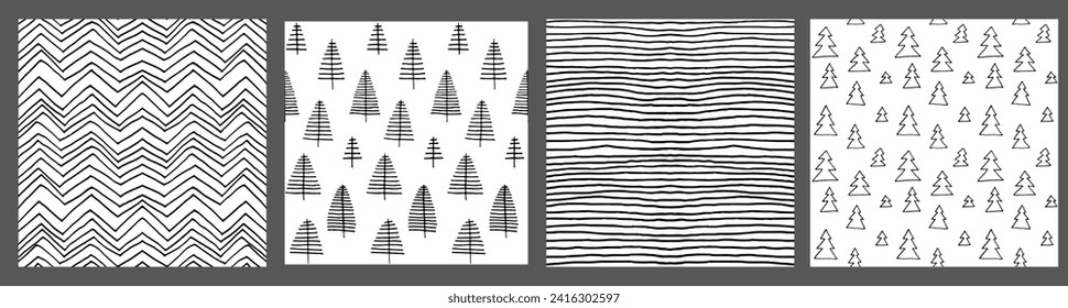 Set of New Year, Christmas patterns with fir trees. Scandinavian Norwegian simple winter print. Minimalistic graphic illustration. Striped herringbone pattern with snowflakes, snowballs.