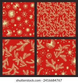 Set of New Year, Christmas patterns with fir trees. Scandinavian Norwegian simple winter print. Minimalistic graphic illustration. Striped herringbone pattern with snowflakes, snowballs.