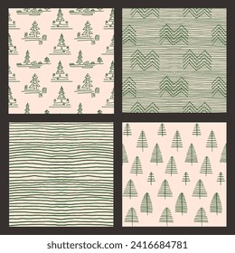 Set of New Year, Christmas patterns with fir trees. Scandinavian Norwegian simple winter print. Minimalistic graphic illustration. Striped herringbone pattern with snowflakes, snowballs.