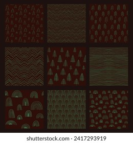 Set of New Year, Christmas patterns with fir trees. Scandinavian Norwegian simple winter print. Minimalistic graphic illustration. Striped herringbone pattern with snowflakes, snowballs.