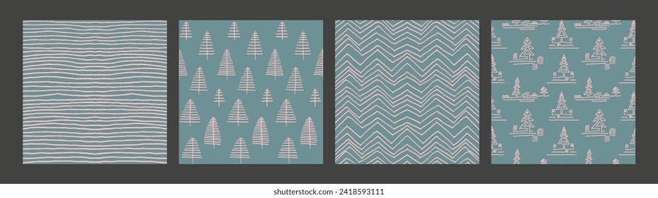 Set of New Year, Christmas patterns with fir trees. Scandinavian Norwegian simple winter print. Minimalistic graphic illustration. Striped herringbone pattern with snowflakes, snowballs.