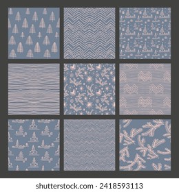 Set von Neujahr, Weihnachtsmuster mit Tannenbäumen. Skandinavisches Norwegisches, einfaches Winterbild. Minimalistische grafische Darstellung. Striptes Herringbone-Muster mit Schneeflocken, Schneebällen.