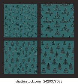 Año Nuevo, patrones de Navidad con abetos. Huella de invierno simple noruega escandinava. Ilustración gráfica minimalista. Patrón de herringbone a rayas con copos de nieve, bolas de nieve.