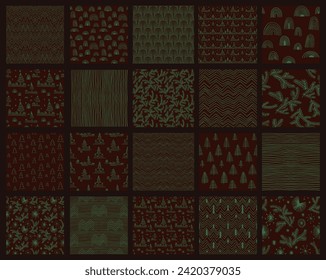 Año Nuevo, patrones de Navidad con abetos. Huella de invierno simple noruega escandinava. Ilustración gráfica minimalista. Patrón de herringbone a rayas con copos de nieve, bolas de nieve.