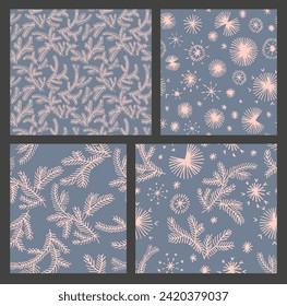 Set of New Year, Christmas patterns with fir trees. Scandinavian Norwegian simple winter print. Minimalistic graphic illustration. Striped herringbone pattern with snowflakes, snowballs.