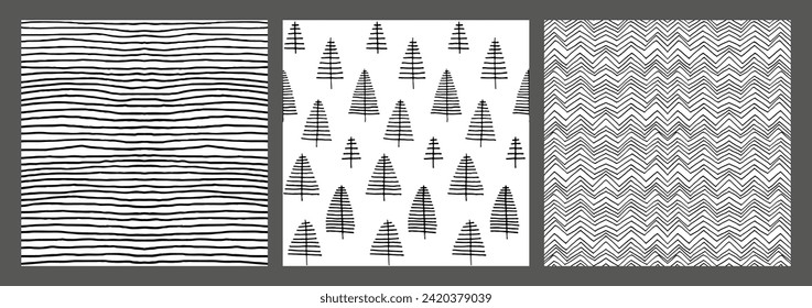 Set of New Year, Christmas patterns with fir trees. Scandinavian Norwegian simple winter print. Minimalistic graphic illustration. Striped herringbone pattern with snowflakes, snowballs.