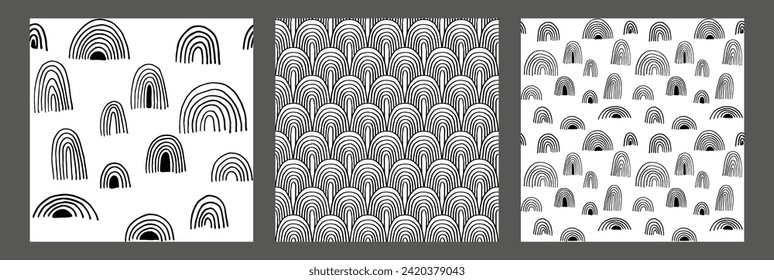 Año Nuevo, patrones de Navidad con abetos. Huella de invierno simple noruega escandinava. Ilustración gráfica minimalista. Patrón de herringbone a rayas con copos de nieve, bolas de nieve.