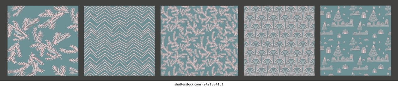 Set of New Year, Christmas patterns with fir trees. Scandinavian Norwegian simple winter print. Minimalistic graphic illustration. Striped herringbone pattern with snowflakes, snowballs.