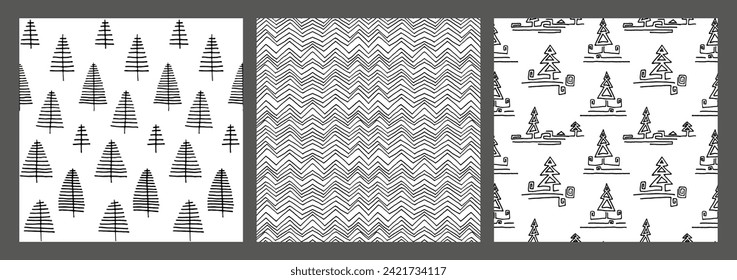 Set of New Year, Christmas patterns with fir trees. Scandinavian Norwegian simple winter print. Minimalistic graphic illustration. Striped herringbone pattern with snowflakes, snowballs.