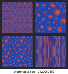Set of New Year, Christmas patterns with fir trees. Scandinavian Norwegian simple winter print. Minimalistic graphic illustration. Striped herringbone pattern with snowflakes, snowballs.