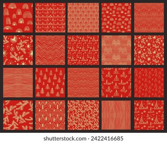 Set of New Year, Christmas patterns with fir trees. Scandinavian Norwegian simple winter print. Minimalistic graphic illustration. Striped herringbone pattern with snowflakes, snowballs.