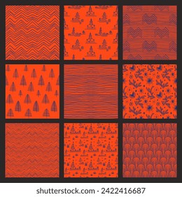 Set of New Year, Christmas patterns with fir trees. Scandinavian Norwegian simple winter print. Minimalistic graphic illustration. Striped herringbone pattern with snowflakes, snowballs.
