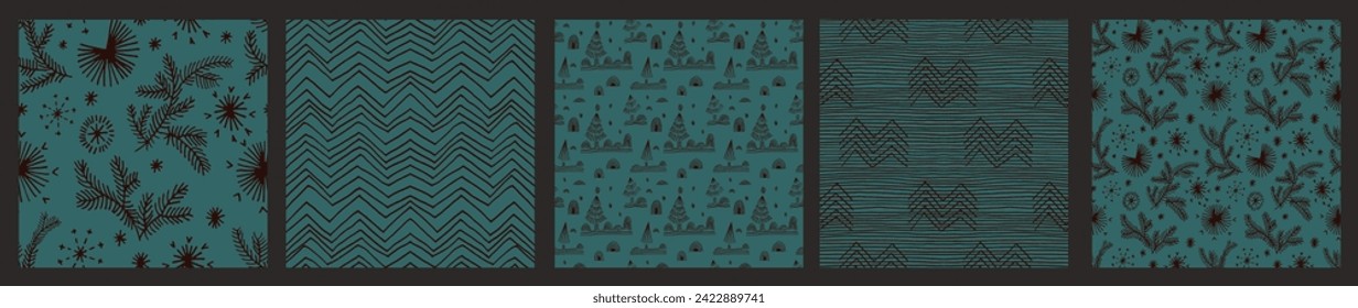 Set of New Year, Christmas patterns with fir trees. Scandinavian Norwegian simple winter print. Minimalistic graphic illustration. Striped herringbone pattern with snowflakes, snowballs.