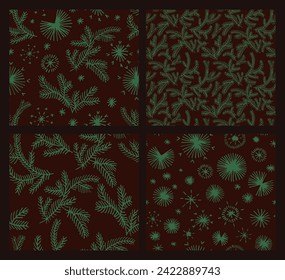 Set von Neujahr, Weihnachtsmuster mit Tannenbäumen. Skandinavisches Norwegisches, einfaches Winterbild. Minimalistische grafische Darstellung. Striptes Herringbone-Muster mit Schneeflocken, Schneebällen.