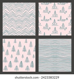 Set of New Year, Christmas patterns with fir trees. Scandinavian Norwegian simple winter print. Minimalistic graphic illustration. Striped herringbone pattern with snowflakes, snowballs.