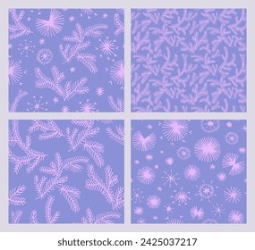 Set of New Year, Christmas patterns with fir trees. Scandinavian Norwegian simple winter print. Minimalistic graphic illustration. Striped herringbone pattern with snowflakes, snowballs.