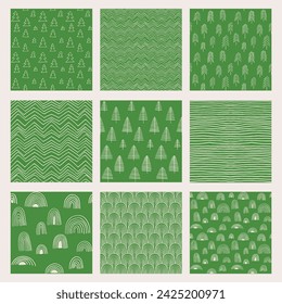 Set of New Year, Christmas patterns with fir trees. Scandinavian Norwegian simple winter print. Minimalistic graphic illustration. Striped herringbone pattern with snowflakes, snowballs.