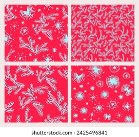 Set of New Year, Christmas patterns with fir trees. Scandinavian Norwegian simple winter print. Minimalistic graphic illustration. Striped herringbone pattern with snowflakes, snowballs.