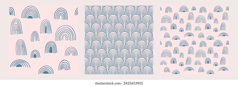 Set of New Year, Christmas patterns with fir trees. Scandinavian Norwegian simple winter print. Minimalistic graphic illustration. Striped herringbone pattern with snowflakes, snowballs.
