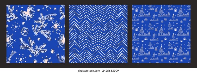 Set of New Year, Christmas patterns with fir trees. Scandinavian Norwegian simple winter print. Minimalistic graphic illustration. Striped herringbone pattern with snowflakes, snowballs.