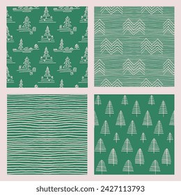 Set of New Year, Christmas patterns with fir trees. Scandinavian Norwegian simple winter print. Minimalistic graphic illustration. Striped herringbone pattern with snowflakes, snowballs.