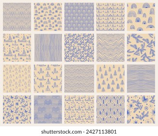 Set of New Year, Christmas patterns with fir trees. Scandinavian Norwegian simple winter print. Minimalistic graphic illustration. Striped herringbone pattern with snowflakes, snowballs.