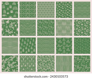 Set of New Year, Christmas patterns with fir trees. Scandinavian Norwegian simple winter print. Minimalistic graphic illustration. Striped herringbone pattern with snowflakes, snowballs.