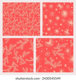 Set of New Year, Christmas patterns with fir trees. Scandinavian Norwegian simple winter print. Minimalistic graphic illustration. Striped herringbone pattern with snowflakes, snowballs.
