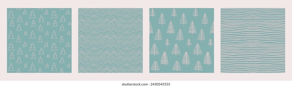 Set of New Year, Christmas patterns with fir trees. Scandinavian Norwegian simple winter print. Minimalistic graphic illustration. Striped herringbone pattern with snowflakes, snowballs.