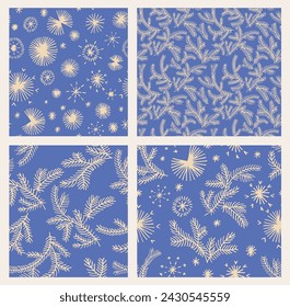 Set of New Year, Christmas patterns with fir trees. Scandinavian Norwegian simple winter print. Minimalistic graphic illustration. Striped herringbone pattern with snowflakes, snowballs.