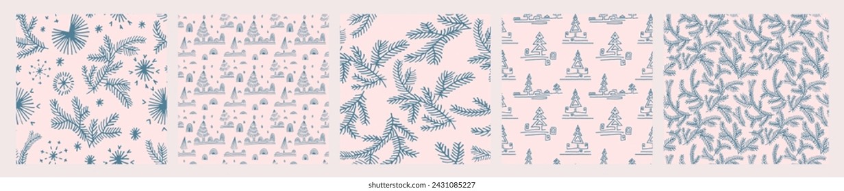 Set von Neujahr, Weihnachtsmuster mit Tannen. Skandinavischer norwegischer einfacher Winterdruck. Minimalistische grafische Darstellung. Gestreiftes Fischgrätenmuster mit Schneeflocken, Schneebälle.